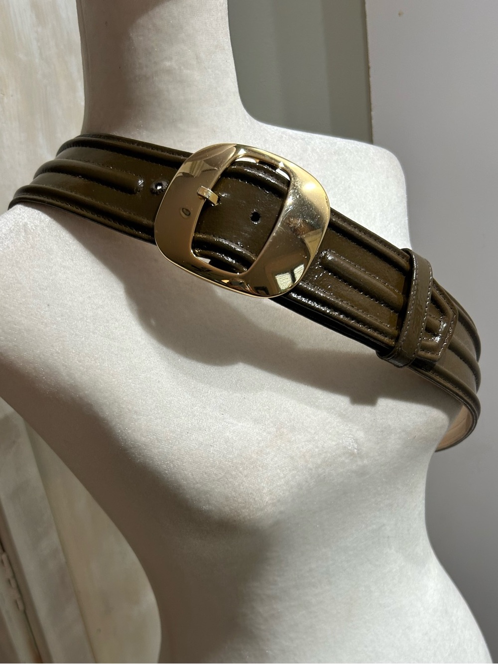 Per Se Olive Green/Brown Patent Wide Leather Belt, Italian Gold Buckle Sz L